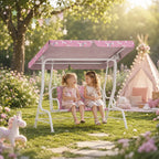 Kids pink 2-seat porch swing bench with canopy, unicorn-pattern seats outdoors