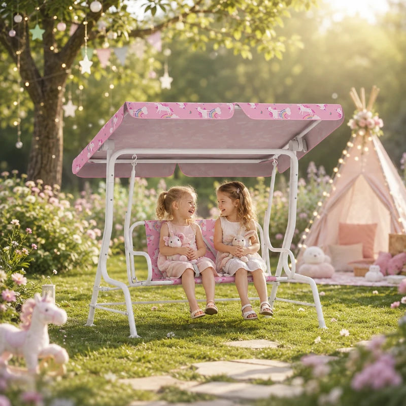 Kids pink 2-seat porch swing bench with canopy, unicorn-pattern seats outdoors