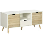 TV unit cabinet with two storage doors and center drawer, natural wood-effect finish.