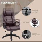 Brown PU office chair with adjustable height stem, 360° swivel base, and rolling casters