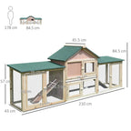 Guinea pig hutch with green roofs and wire mesh compartments, shown with size measurements