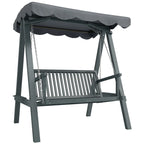 Grey wooden 2-seater garden swing bench with canopy, chain-hung slatted seat