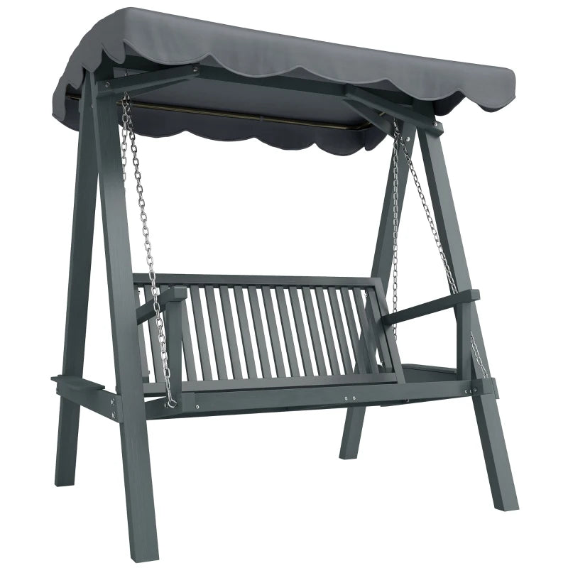 Grey wooden 2-seater garden swing bench with canopy, chain-hung slatted seat