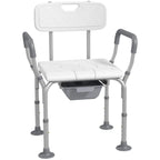 White shower stool with arms and backrest, padded seat with detachable commode bucket