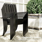 Black stackable patio dining chairs with slatted backrests and armrests