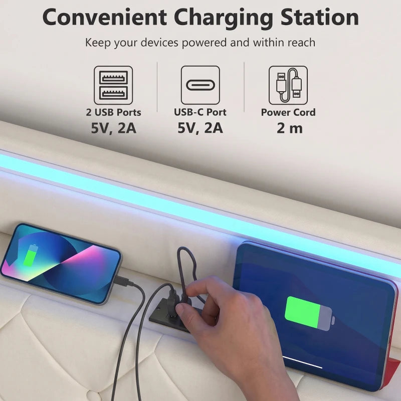 Cream bed frame with built-in charging station and blue LED light strip along side