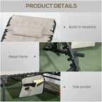Khaki sun lounger details: padded headrest, metal frame, and side pocket