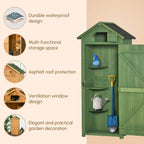 Dark green wooden garden shed with open door and interior shelves