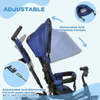 Dark blue kids trike push bike with adjustable, removable foldable canopy and parent handle
