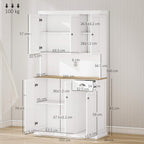 White freestanding kitchen cabinet with open shelves and drawer space, showing internal layout
