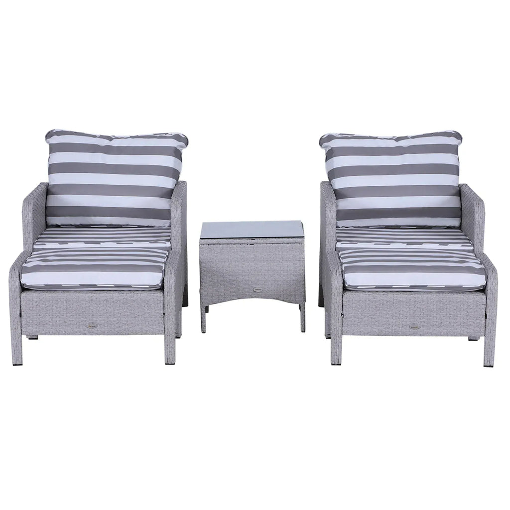 5 Pieces PE Rattan Garden Furniture Set with 10cm Thick Padded Cushions, Wicker Weave Outdoor Seating Chairs with 2 Armchairs, 2 Stools, Glass Top Table, Grey and White - Bobobiy