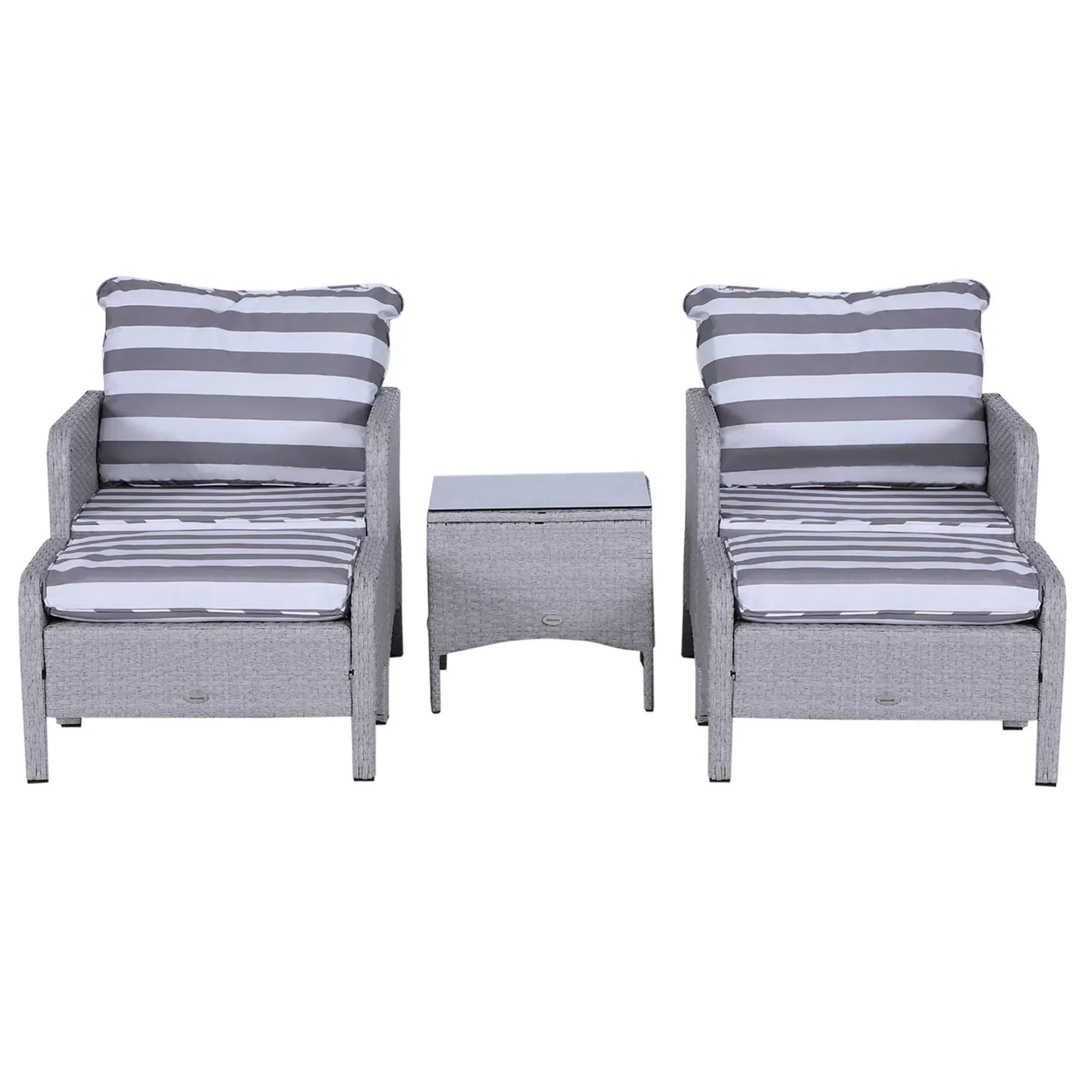 5 Pieces PE Rattan Garden Furniture Set with 10cm Thick Padded Cushions, Wicker Weave Outdoor Seating Chairs with 2 Armchairs, 2 Stools, Glass Top Table, Grey and White - Bobobiy