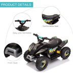 Black ride-on car features: comfortable seat, easy-grip handlebar, and front hook