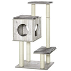 Grey fabric cat tree tower with top and mid cubby plus two scratching platforms