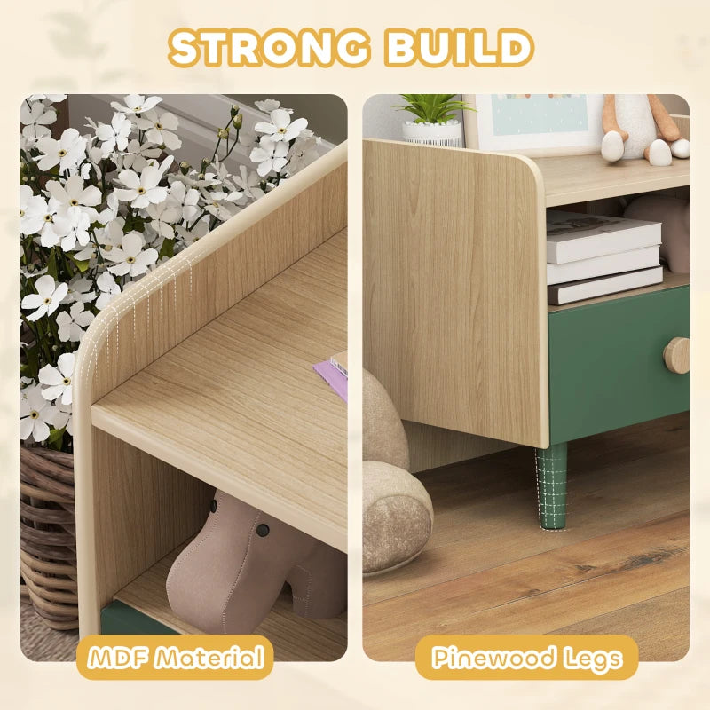 Kids bedside table with light wood panels, green drawer, open shelf for storage