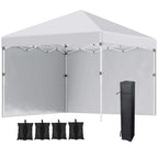 White pop-up gazebo with gray sidewalls and black leg weight bags, three-sided view