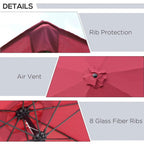 Wine red parasol canopy details: air vent, rib protection, and eight glass-fiber ribs