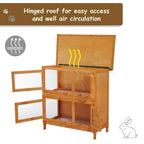 Two-tier wooden hutch with hinged roof opened above front wire-mesh compartments