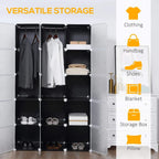 Modular wardrobe cabinet with open cubes showing hanging clothes, shelves, and storage compartments