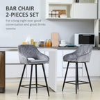 Two-piece set of grey upholstered bar chairs with diamond back and black legs