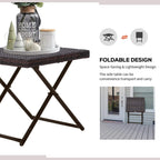Brown rattan coffee table with woven surface and compact folding cross-leg design