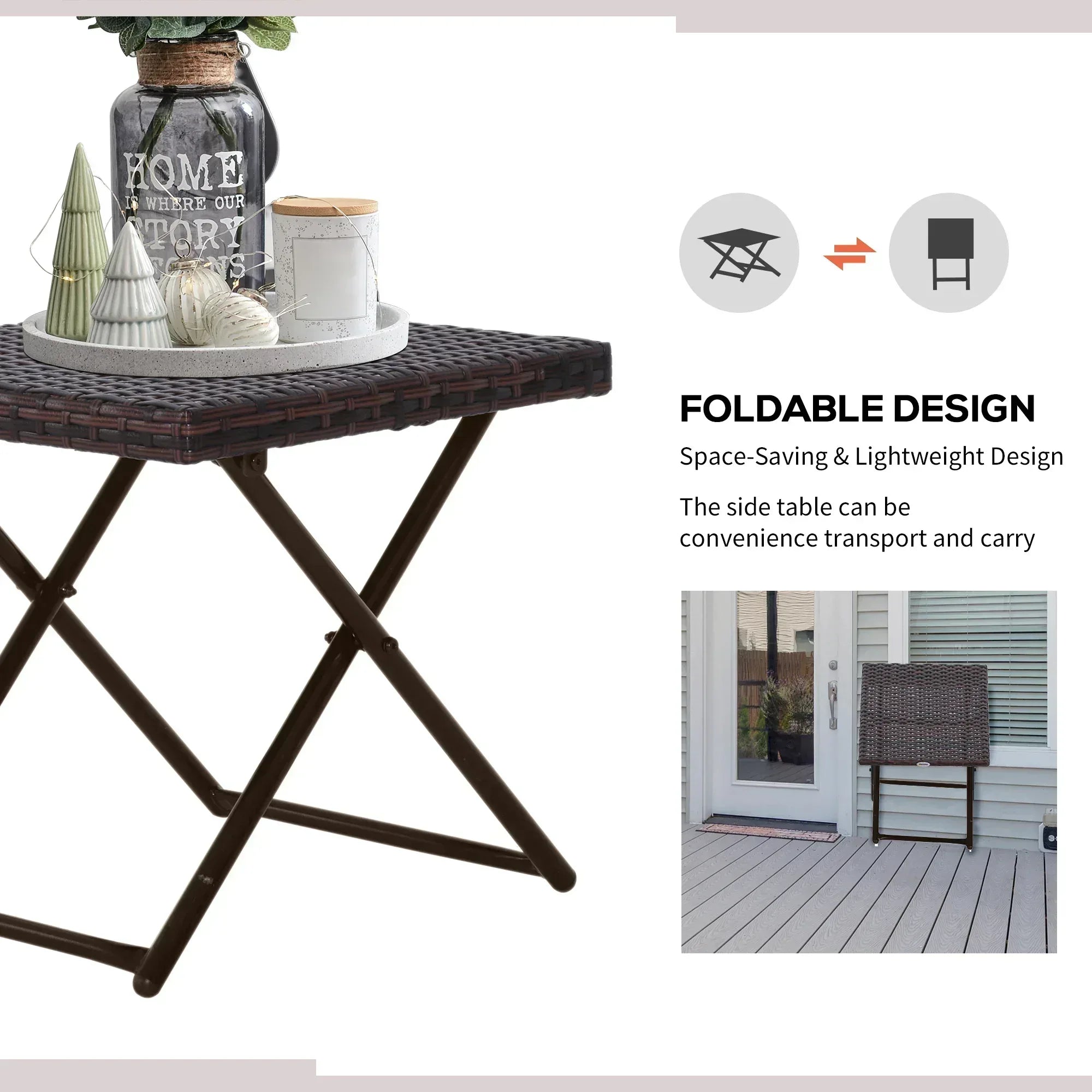 Folding Rattan Garden Coffee Table, Small Square Outdoor Bistro Side Table with Rattan Top for Patio, Balcony, Porch, 40 x 40 x 40 cm, Brown - Bobobiy