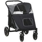 Black foldable pet stroller with mesh canopy, side window, and four rolling wheels