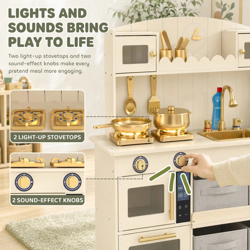Cream play kitchen front with two light-up stovetop units and two sound-effect knobs