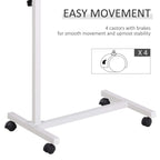White metal base with four black locking casters for over-bed table