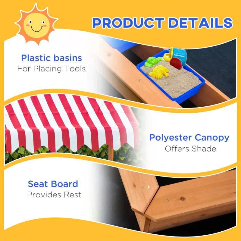 Wooden kids sandbox detail with blue plastic basins, red-striped canopy, and seat board
