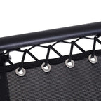 Black bungee-style straps with metal rings on zero-gravity chair backrest