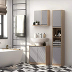 Bathroom floor cabinet with two grey paneled doors and oak frame, adjustable shelf