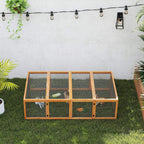 Front view wooden rabbit hutch with wire mesh panels and three door sections