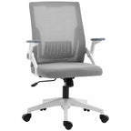 Grey mesh office chair with lumbar backrest, flip-up armrests, swivel base and casters