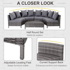 Grey half-round rattan sectional sofa set with adjustable leveling feet and curved support back