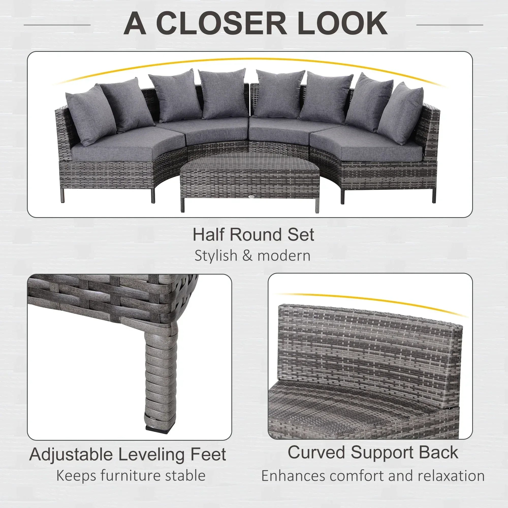 5 Pieces Rattan Garden Furniture Set, 4 Seater Half-Round Garden Sofa Set with Thickened Cushions, Wicker Conservatory Furniture with 4 Chairs, Rattan Coffee Table and Pillows, Grey - Bobobiy