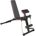 Foldable adjustable weight bench with red trim, black pads and leg rollers, resistance bands