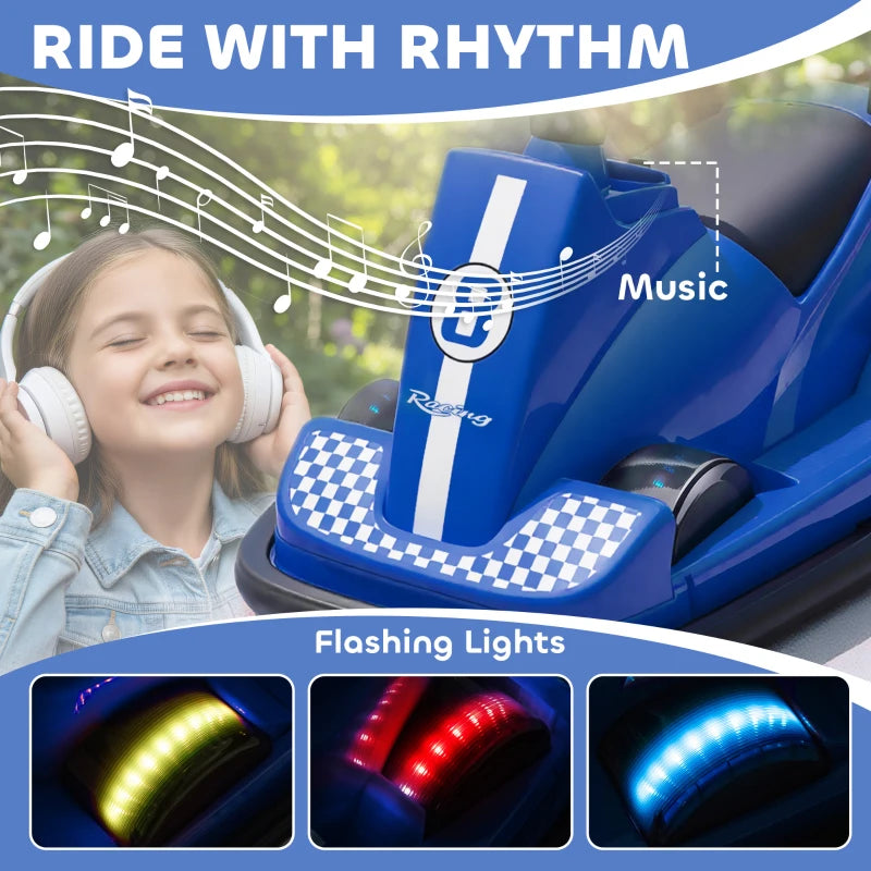 Front view of blue electric bumper car with checkered plate and multicolor LED light bar