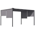 Dark grey metal pergola with retractable sliding roof panels and open side frames
