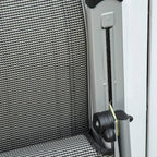 Grey sun lounger fold joint and adjustment bar beside mesh backrest
