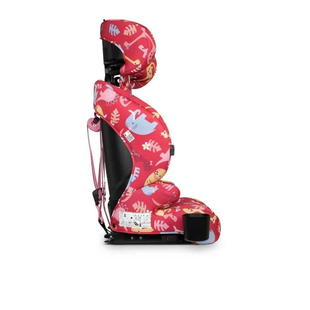 Red dinosaur-print car seat, side profile with black belt guide and base support