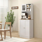 White kitchen storage cabinet with cabinet doors and interior shelves for kitchenware