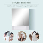 White bathroom mirror cabinet with two mirrored doors and a lower storage opening beneath.