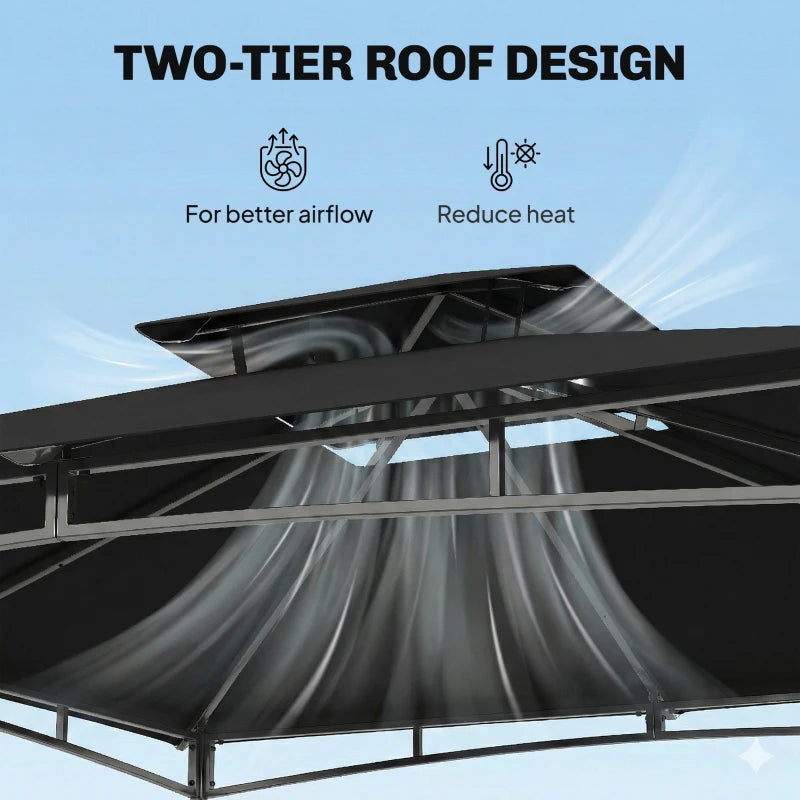 Two-tier gazebo roof underside with black panels and metal support beams