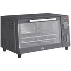 Grey mini oven exterior with glass window, heating interior, and two control knobs.