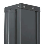 Top corner of retractable privacy screen with gray metal frame and mounting bolts
