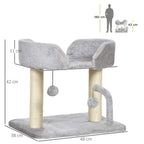 Light grey indoor cat tree with raised bed, sisal scratching arch, and dangling toy ball
