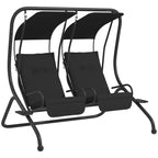 Black two-seat garden swing chair with protective canopy and padded seats