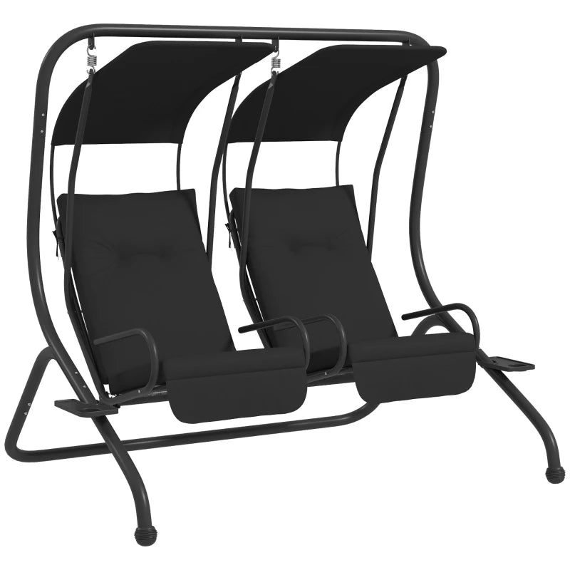 Black two-seat garden swing chair with protective canopy and padded seats