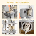 Light grey cat tree tower with multiple resting areas: baskets, roomy condos, perches, and tunnel